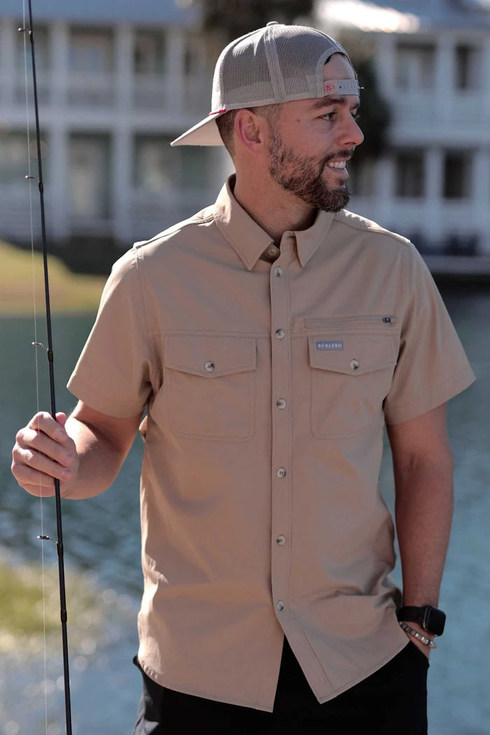 BURLEBO Short Sleeve Performance Button Up - Khaki