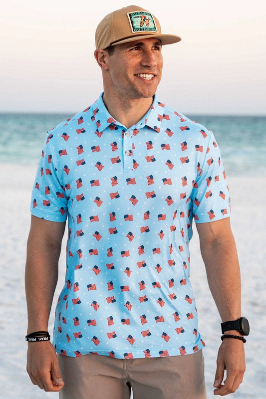 BURLEBO - Baby Blue American Flag Performance Polo