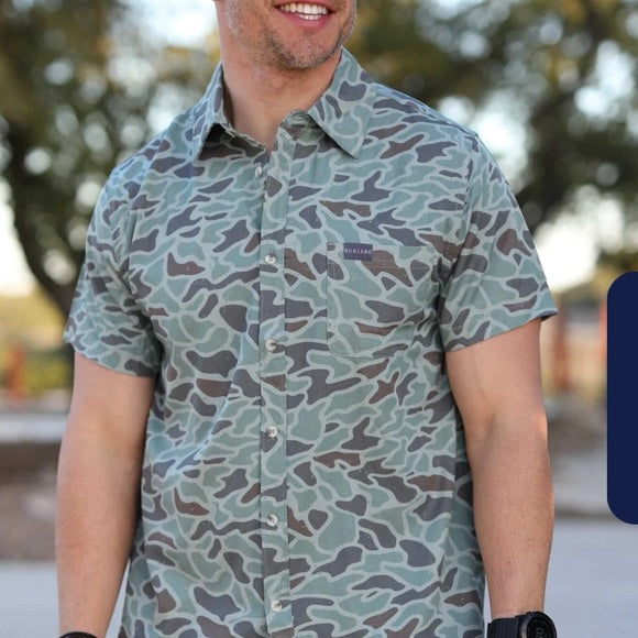 BURLEBO - Green Camo Short Sleeve Performance Button Up